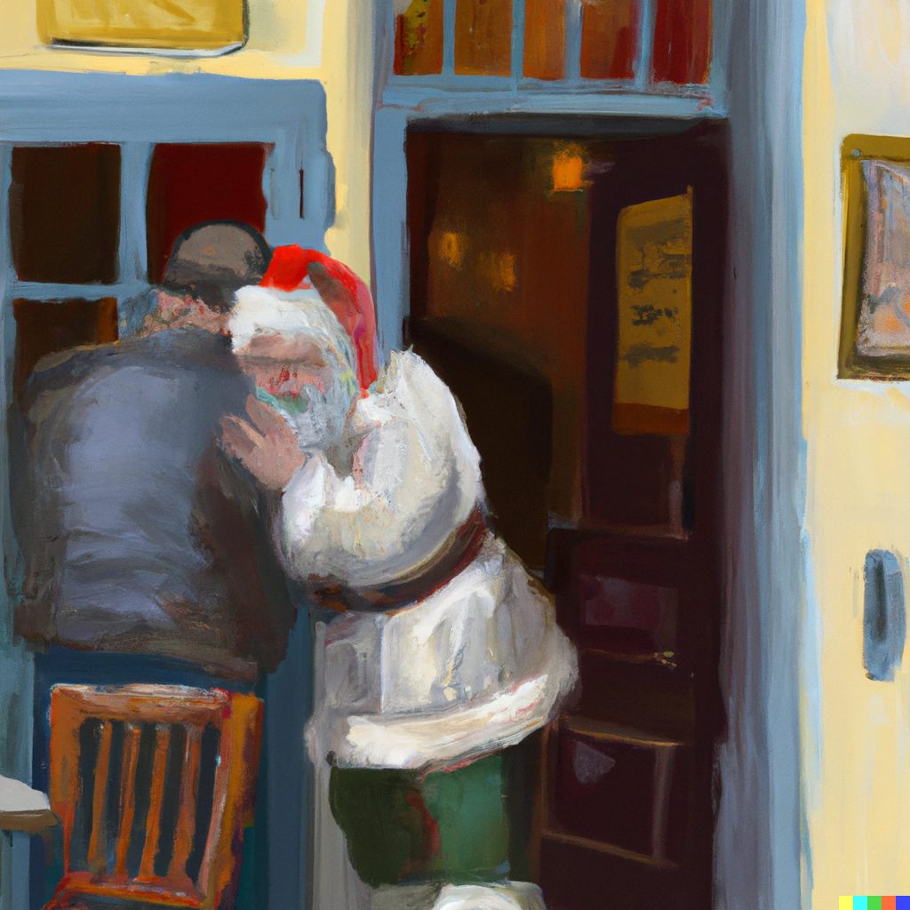 Santa comforting a man during Christmas
